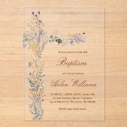 Doop bloemenkruis acryl uitnodigingen (Voorkant)