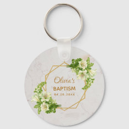Doop Bloemstuk Geometrisch Witte Lelies Marmer Gou Sleutelhanger