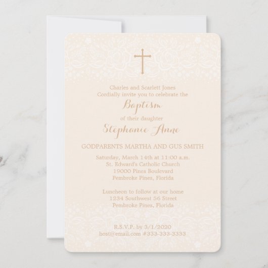 Doop Blush Pink Delicate Bloemen Kant Kaart (Voorkant)