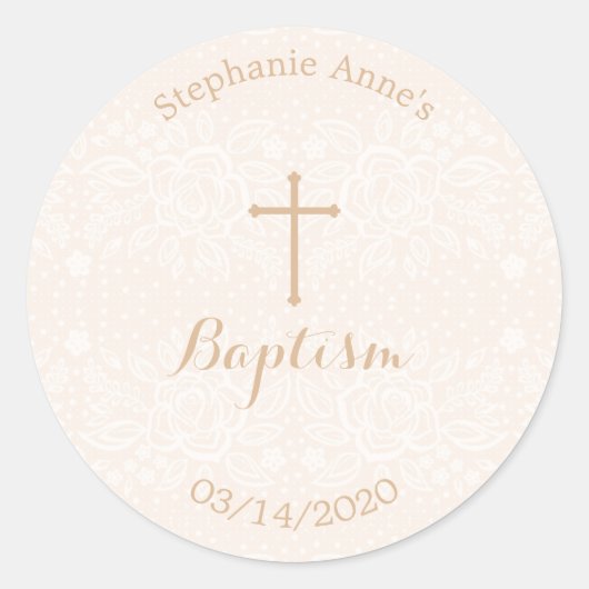 Doop Blush Pink Delicate Bloemen Kant Ronde Sticker (Voorkant)