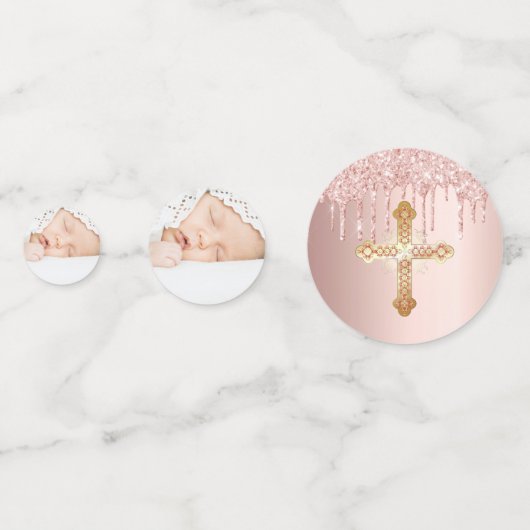 Doop blush roos goud druppels foto meisje confetti (Achterkanten)