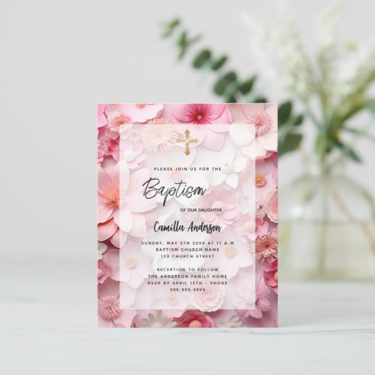 Doop blush roze bloemen meisje budget uitnodiging (Staand voorkant)
