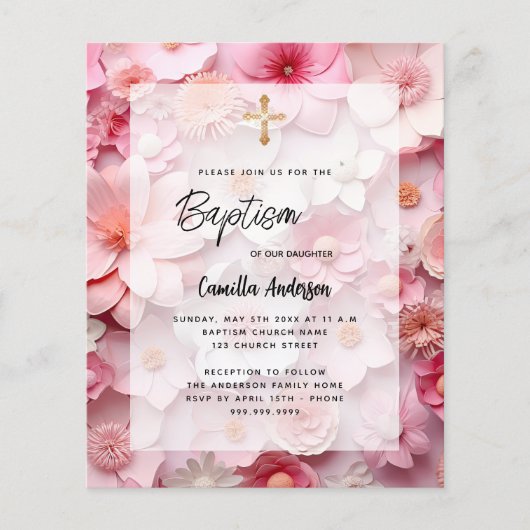 Doop blush roze bloemen meisje budget uitnodiging (Voorkant)