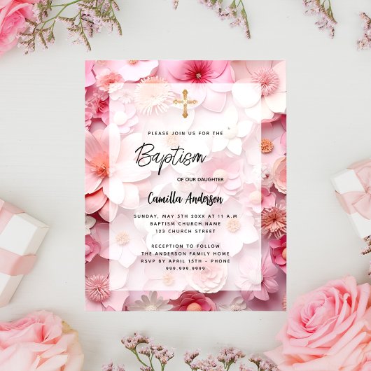 Doop blush roze bloemen meisje budget uitnodiging flyer