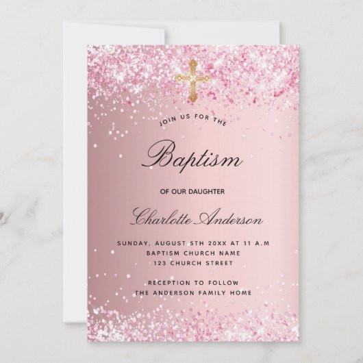 Doop blush roze confetti meisje kaart (Voorkant)