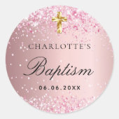 Doop blush roze meisje gouden kruis ronde sticker (Voorkant)