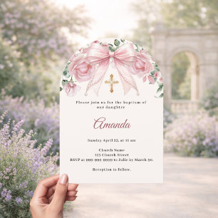 Doop Boog Roze Ivoorkleurige Bloemen Meisje Kruis Kaart
