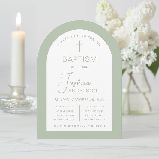 Doop Boog Sage Groen Modern Script Doopfeest Kaart
