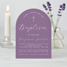 Doop Boog Stof Paars Modern Schrift en Kruis Kaart