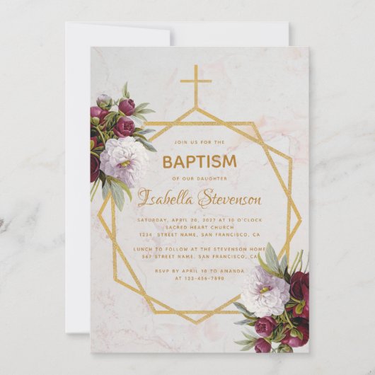 Doop Bourgondische Pioenen Marmer Goud Geometrisch Kaart (Voorkant)