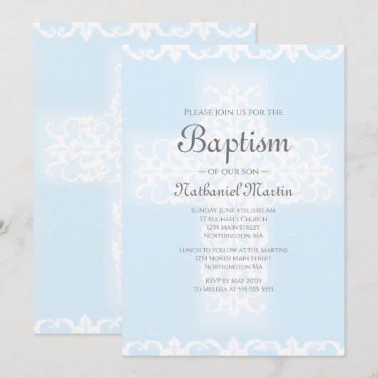 Doop Christelijk Kruis Blauw Damask Boy Kaart (Voorkant / Achterkant)