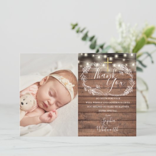 Doop Christelijke Doop Rustieke Slingerlampjes Fot Bedankkaart (Staand voorkant)