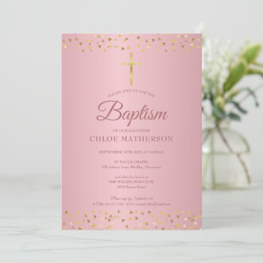 Doop Christelijke Roze Gouden Harten Kaart (Staand voorkant)