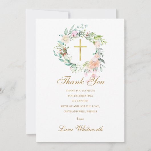 Doop Christelijke Rozen Bloemstuk Gouden Schrift Bedankkaart (Voorkant)