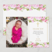 Doop Christendoop Foto Roze Roos Bloemig Bedankkaart (Voorkant / Achterkant)