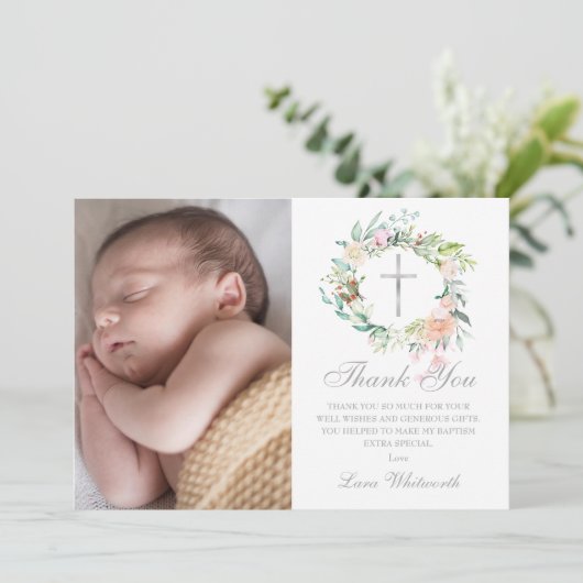 Doop Christening Bloemenguirlande Foto Bedankkaart (Staand voorkant)