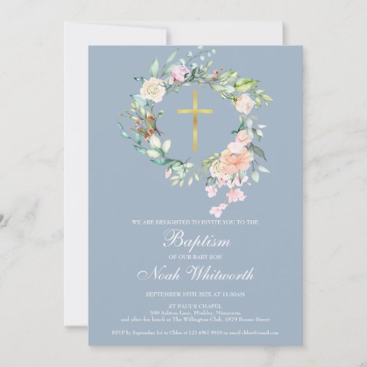 Doop Christening Bloemenguirlande Stofblauw Kaart (Voorkant)