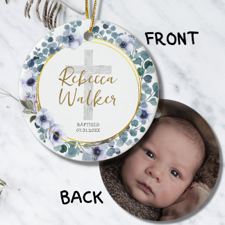 Doop Christening Gouden Blauwe Eucalyptus Bloemen Keramisch Ornament