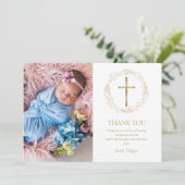 Doop Christening Gouden Bloemenkrans Foto Bedankkaart (Staand voorkant)