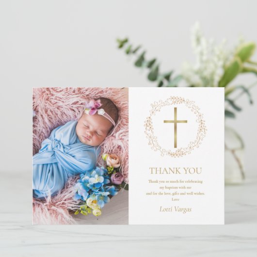 Doop Christening Gouden Bloemenkrans Foto Bedankkaart (Staand voorkant)