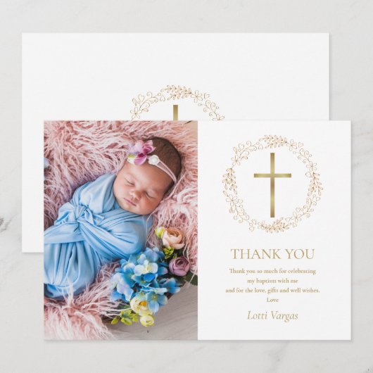 Doop Christening Gouden Bloemenkrans Foto Bedankkaart (Voorkant / Achterkant)