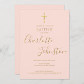 Doop Christening Gouden Kruis Blush Roze QR Code Kaart (Voorkant / Achterkant)