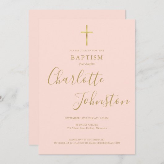 Doop Christening Gouden Kruis Blush Roze QR Code Kaart (Voorkant / Achterkant)