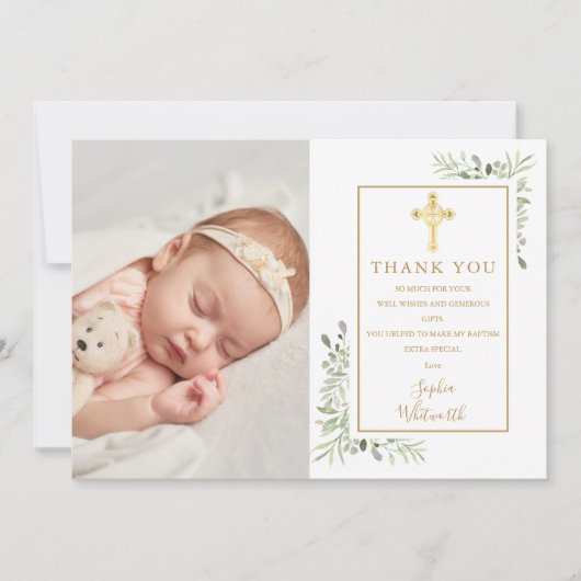 Doop Christening Gouden Kruis Groene Foto Bedankkaart (Voorkant)