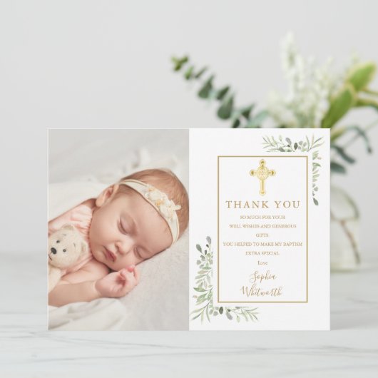 Doop Christening Gouden Kruis Groene Foto Bedankkaart (Staand voorkant)