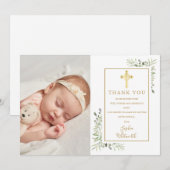 Doop Christening Gouden Kruis Groene Foto Bedankkaart (Voorkant / Achterkant)