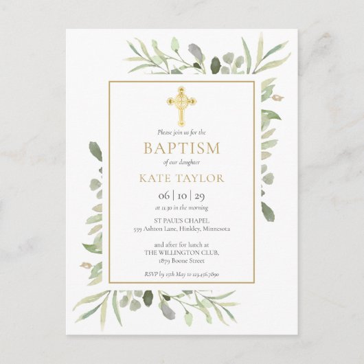 Doop Christening Gouden Kruis Groenelementen Uitno Uitnodiging Briefkaart (Voorkant)