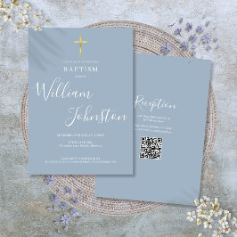 Doop Christening Gouden Kruis Stofblauw QR Code Kaart