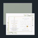 Doop Christening Groene decoratie Datum reserveren Aankondigingskaart<br><div class="desc">Deze stijlvolle Baptism Doop uitnodiging postcard bevat een kalender en een mooi gouden liefdeshart dat uw speciale datum benadrukt. Het kan worden gepersonaliseerd met uw speciale informatie,  met een saliegroene achtergrond aan de achterzijde. Ontworpen door Thisisnotme©</div>