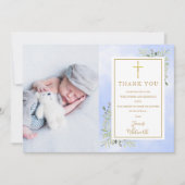 Doop Christening Groene Foto blauw Aquarel Bedankkaart (Voorkant)