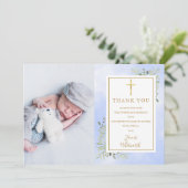 Doop Christening Groene Foto blauw Aquarel Bedankkaart (Staand voorkant)