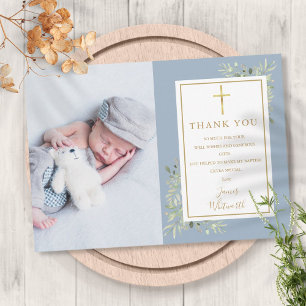 Doop Christening Groene Foto Blauwe Jongen Bedankkaart