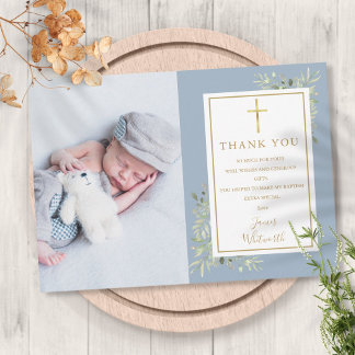 Doop Christening Groene Foto Blauwe Jongen Bedankkaart