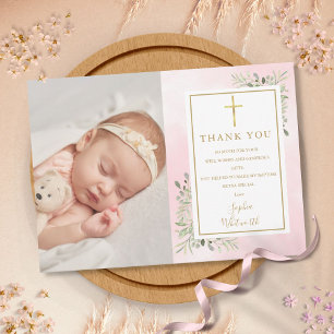 Doop Christening Groene Foto Roze Aquarel Bedankkaart