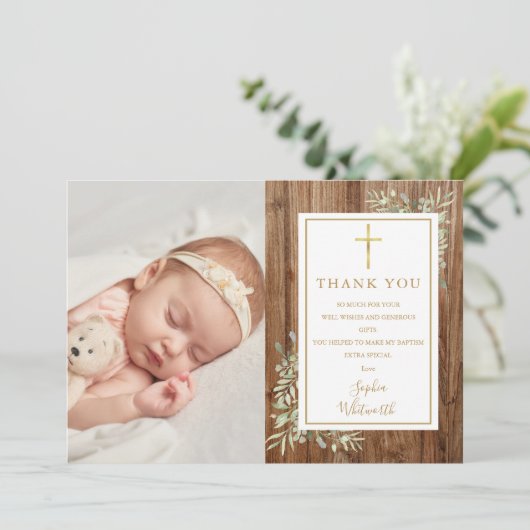 Doop Christening Groene Foto Rustieke Hout Bedankkaart (Staand voorkant)