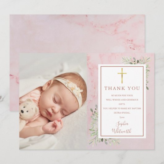 Doop Christening Groenelementen Roze Marmer Foto Bedankkaart (Voorkant / Achterkant)