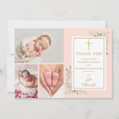 Doop Christening Groenery Blush Roze 3 Foto Bedankkaart (Voorkant)