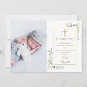 Doop Christening Groenery Gouden Kruis Foto Bedankkaart (Voorkant)