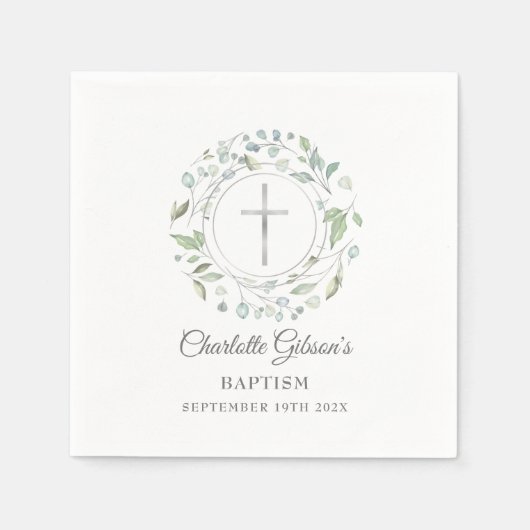 Doop Christening Lauwerier Bloem Zilveren Kruis Servet (Voorkant)