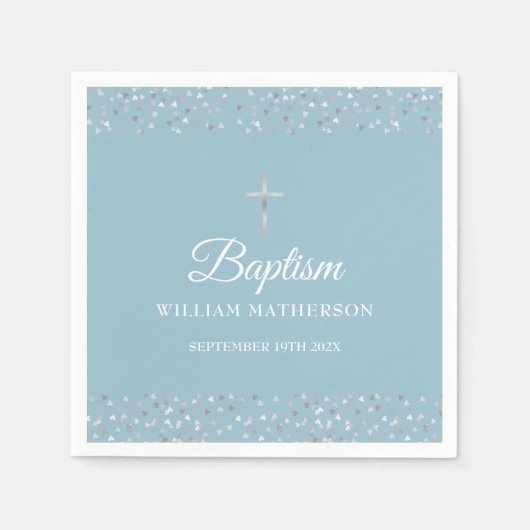 Doop Christening Modern Zilveren Hartjes Servet (Voorkant)