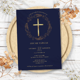 Doop Christening Navyblauw Gouden Kruis Bloem Kaart
