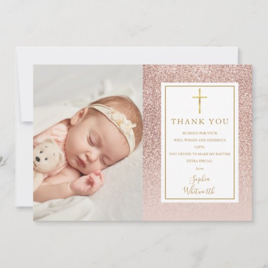 Doop Christening Roze Goud Glitter Foto Bedankkaart (Voorkant)