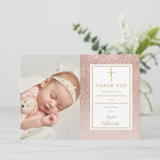 Doop Christening Roze Goud Glitter Foto Bedankkaart (Staand voorkant)