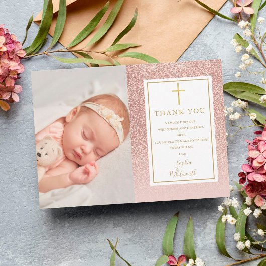 Doop Christening Roze Goud Glitter Foto Bedankkaart