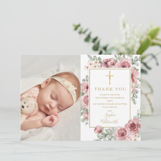 Doop Christening Stof Roze Bloemige Foto Bedankkaart (Staand voorkant)