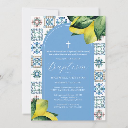 Doop Citroen Religieus Italiaans Blauw Tegel Kaart (Voorkant)